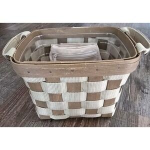 Longaberger‎ Small Tan Green Side Handled To Go Tote Nylon & Wood Basket